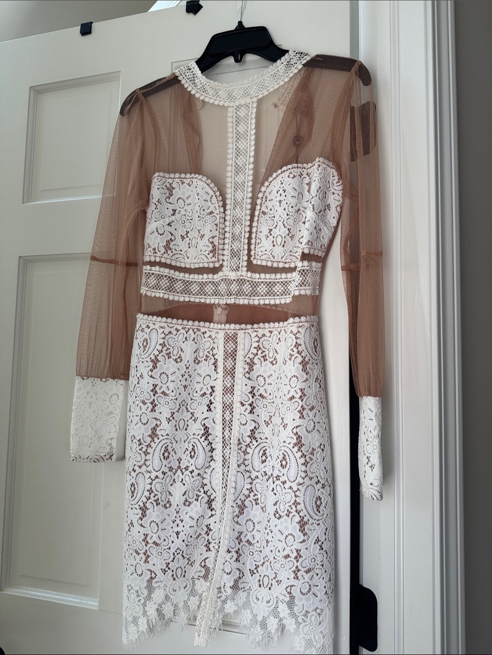 For Love & Lemons White Lace and Nude Mesh Long-Sleeve Dress